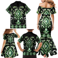 Green Ngaru Taniko With Aotearoa Maori Tattoo Family Matching Mermaid Dress and Hawaiian Shirt