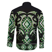 Green Ngaru Taniko With Aotearoa Maori Tattoo Family Matching Off The Shoulder Long Sleeve Dress and Hawaiian Shirt