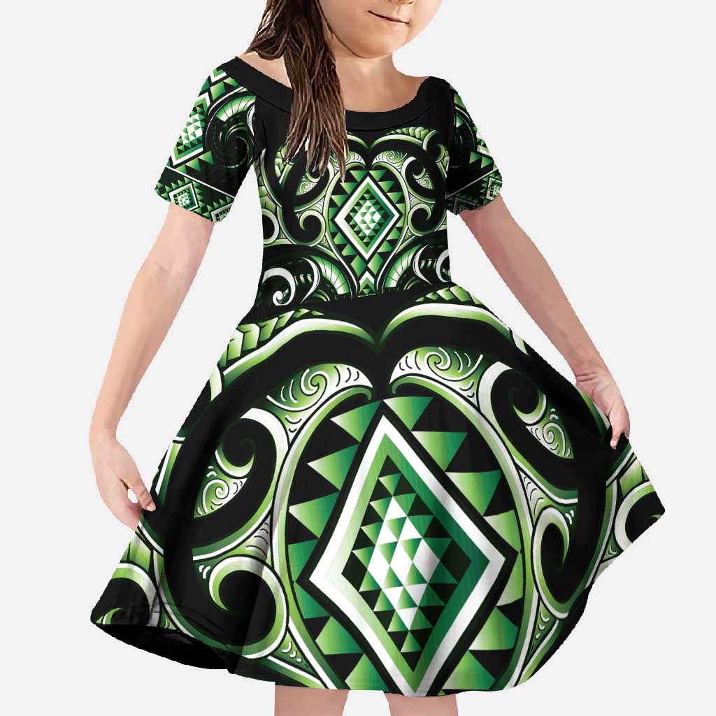 Green Ngaru Taniko With Aotearoa Maori Tattoo Family Matching Off Shoulder Maxi Dress and Hawaiian Shirt