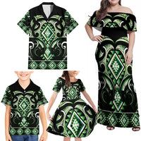 Green Ngaru Taniko With Aotearoa Maori Tattoo Family Matching Off Shoulder Maxi Dress and Hawaiian Shirt