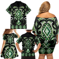 Green Ngaru Taniko With Aotearoa Maori Tattoo Family Matching Off Shoulder Short Dress and Hawaiian Shirt