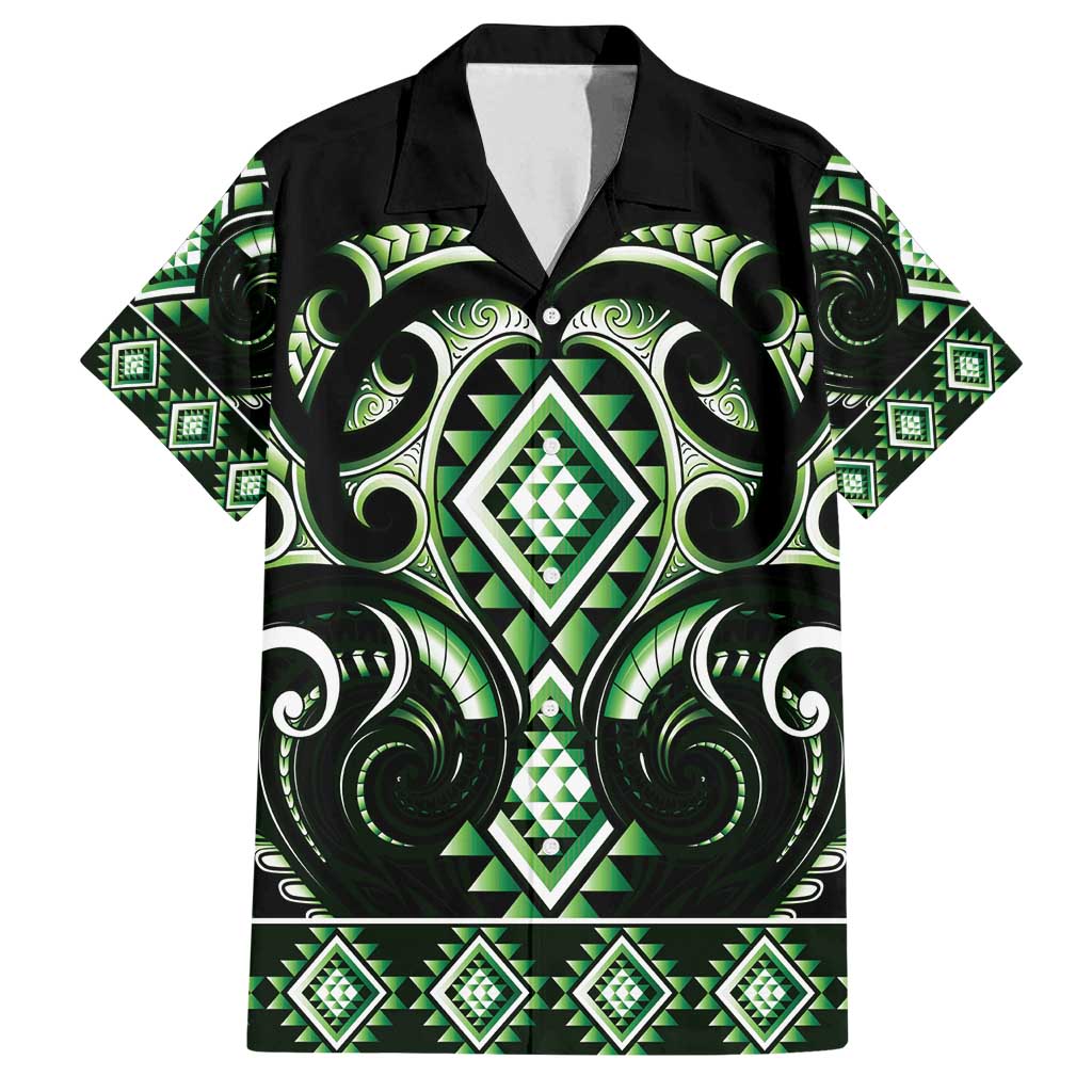 Green Ngaru Taniko With Aotearoa Maori Tattoo Family Matching Off Shoulder Short Dress and Hawaiian Shirt