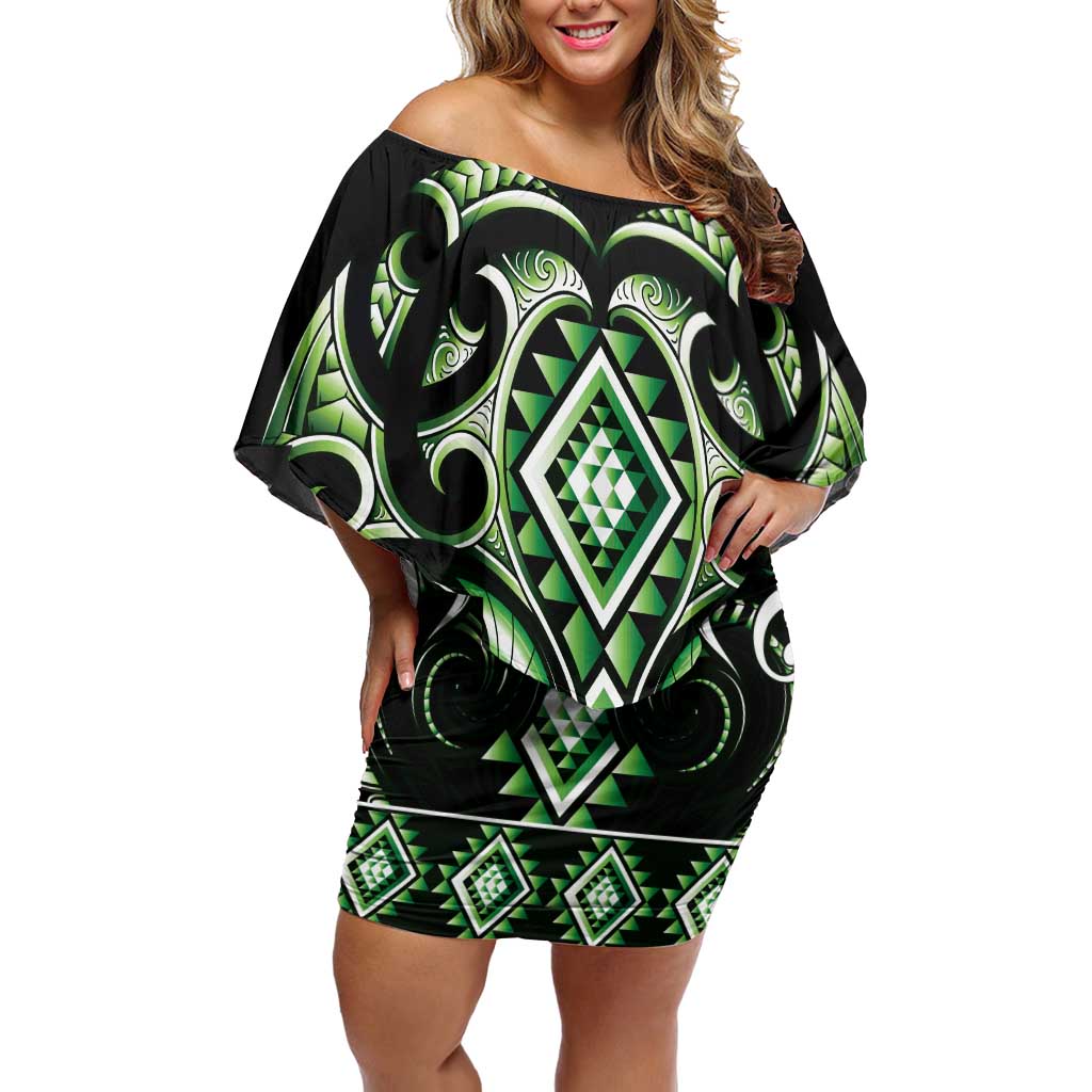 Green Ngaru Taniko With Aotearoa Maori Tattoo Family Matching Off Shoulder Short Dress and Hawaiian Shirt