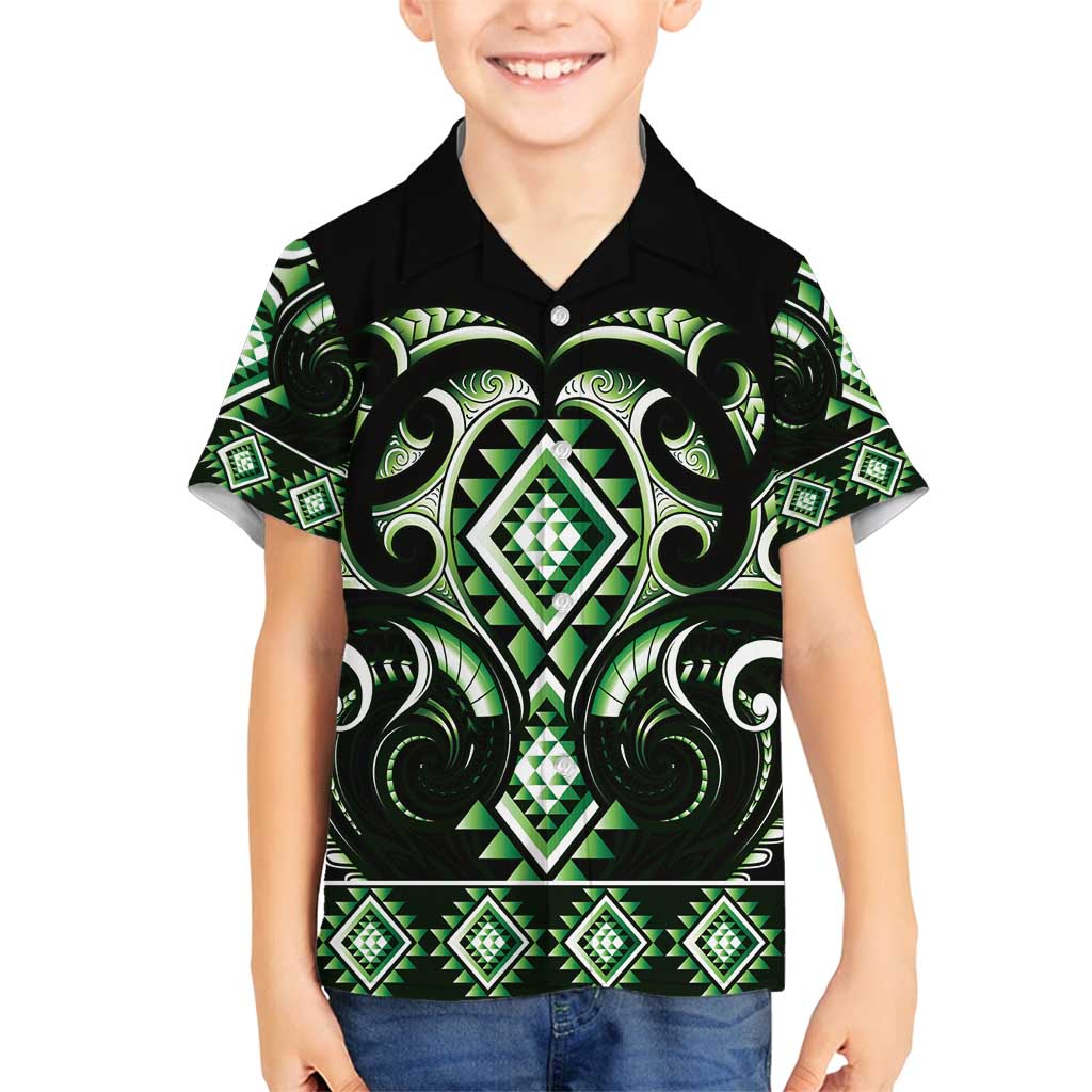 Green Ngaru Taniko With Aotearoa Maori Tattoo Family Matching Off Shoulder Short Dress and Hawaiian Shirt