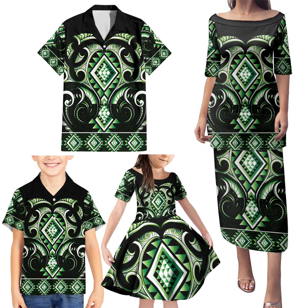 Green Ngaru Taniko With Aotearoa Maori Tattoo Family Matching Puletasi and Hawaiian Shirt