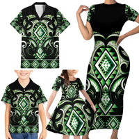Green Ngaru Taniko With Aotearoa Maori Tattoo Family Matching Short Sleeve Bodycon Dress and Hawaiian Shirt