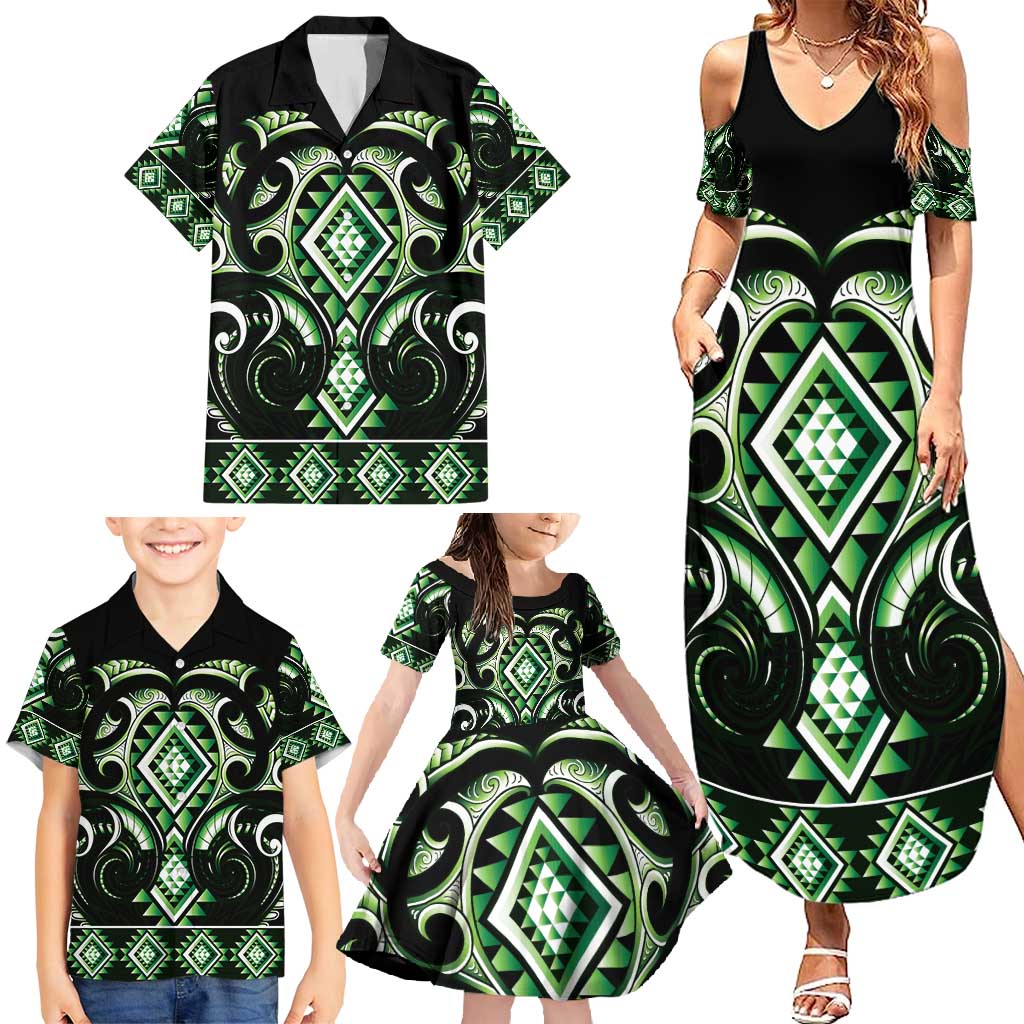 Green Ngaru Taniko With Aotearoa Maori Tattoo Family Matching Summer Maxi Dress and Hawaiian Shirt