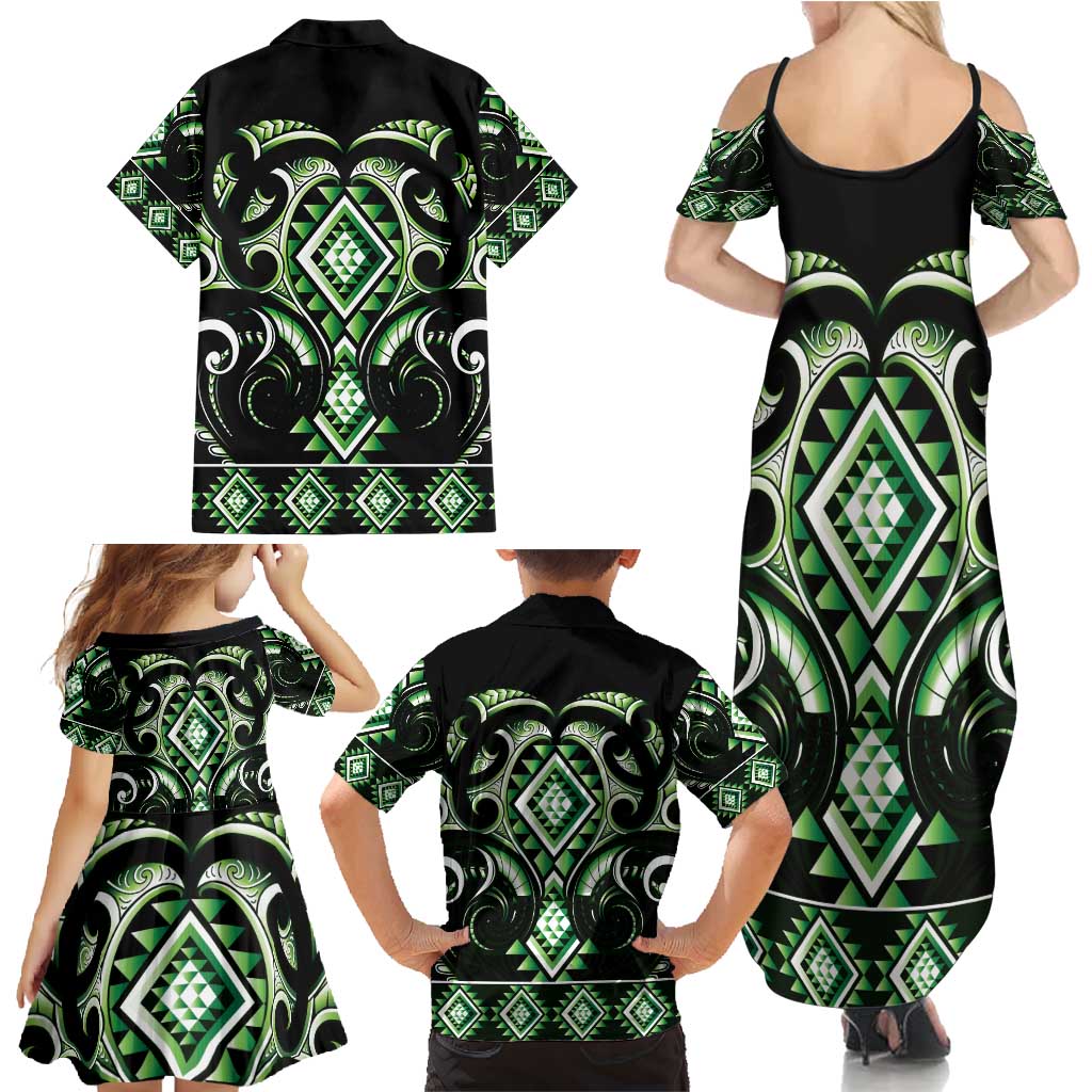 Green Ngaru Taniko With Aotearoa Maori Tattoo Family Matching Summer Maxi Dress and Hawaiian Shirt