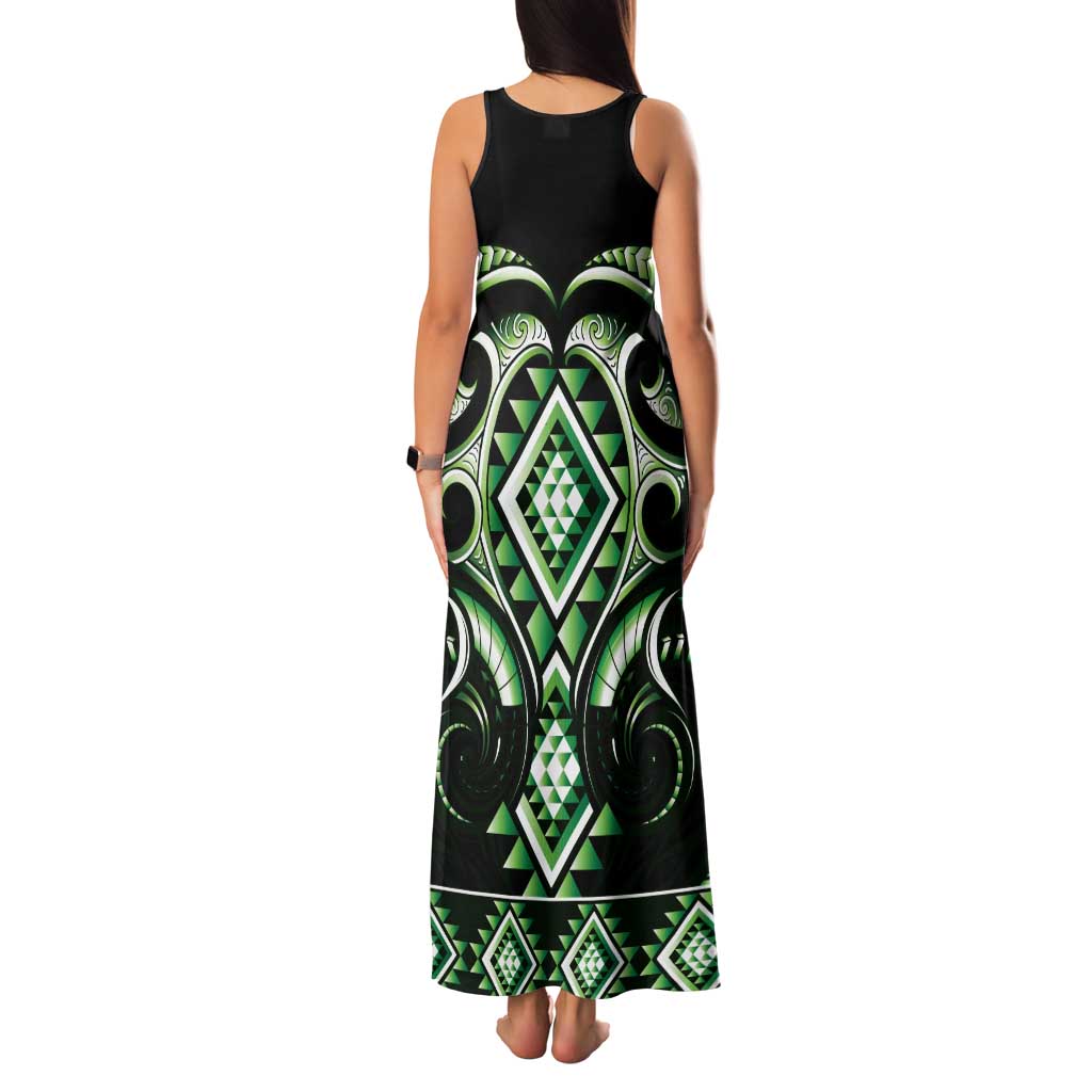 Green Ngaru Taniko With Aotearoa Maori Tattoo Family Matching Tank Maxi Dress and Hawaiian Shirt