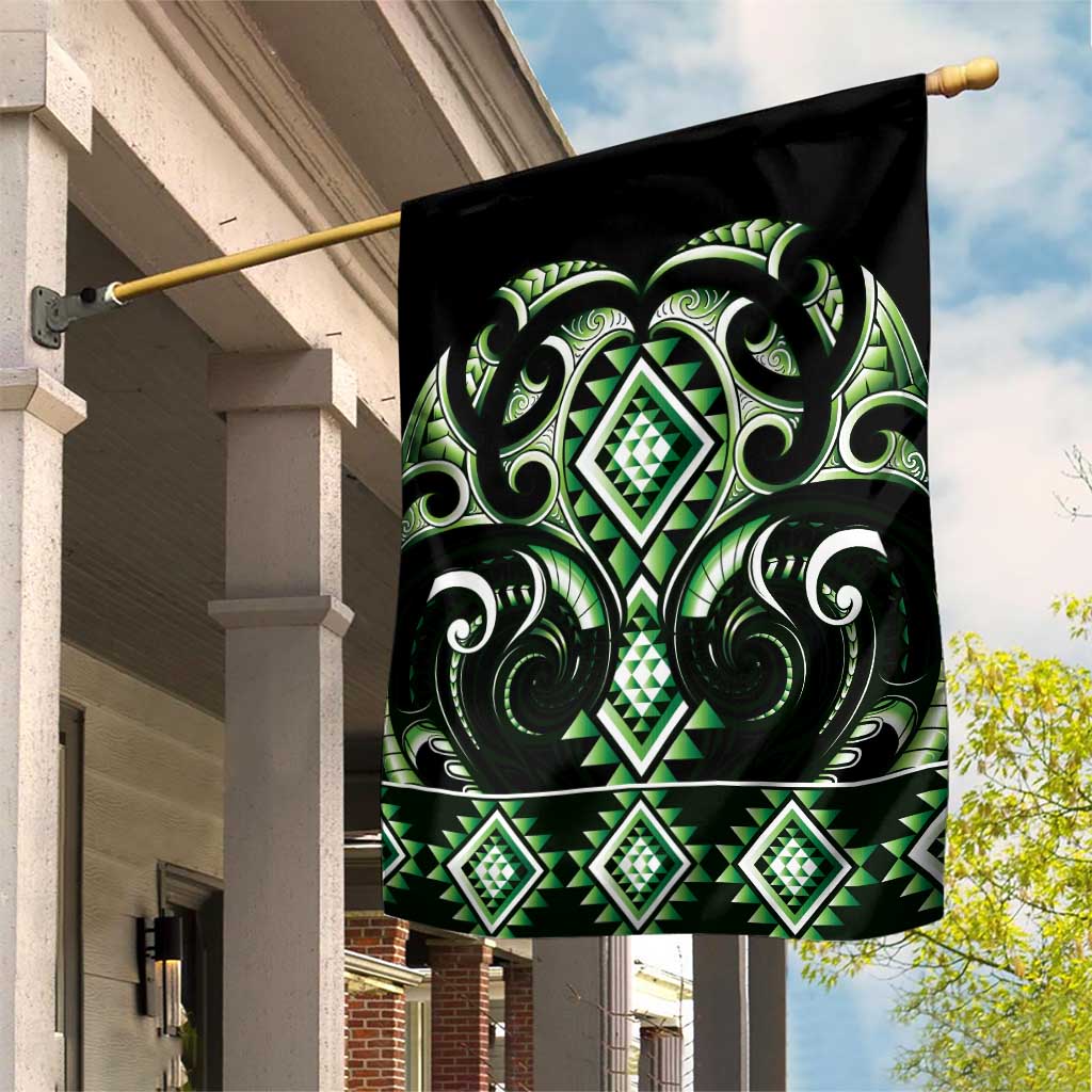 Green Ngaru Taniko With Aotearoa Maori Tattoo Garden Flag LT14 House Flag Green - Polynesian Pride