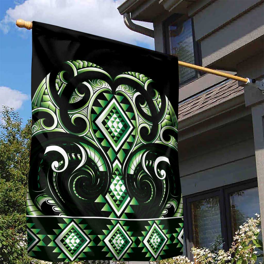 Green Ngaru Taniko With Aotearoa Maori Tattoo Garden Flag LT14 - Polynesian Pride