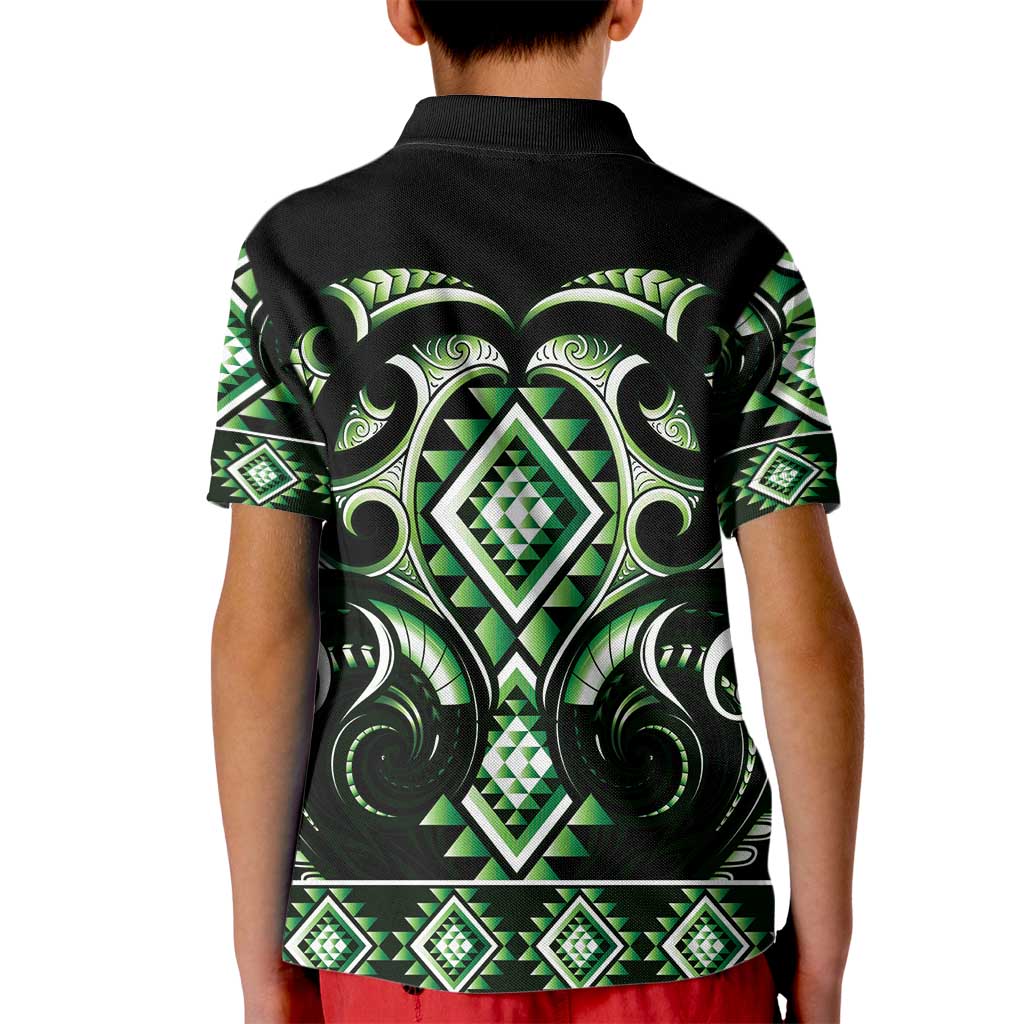 Green Ngaru Taniko With Aotearoa Maori Tattoo Kid Polo Shirt