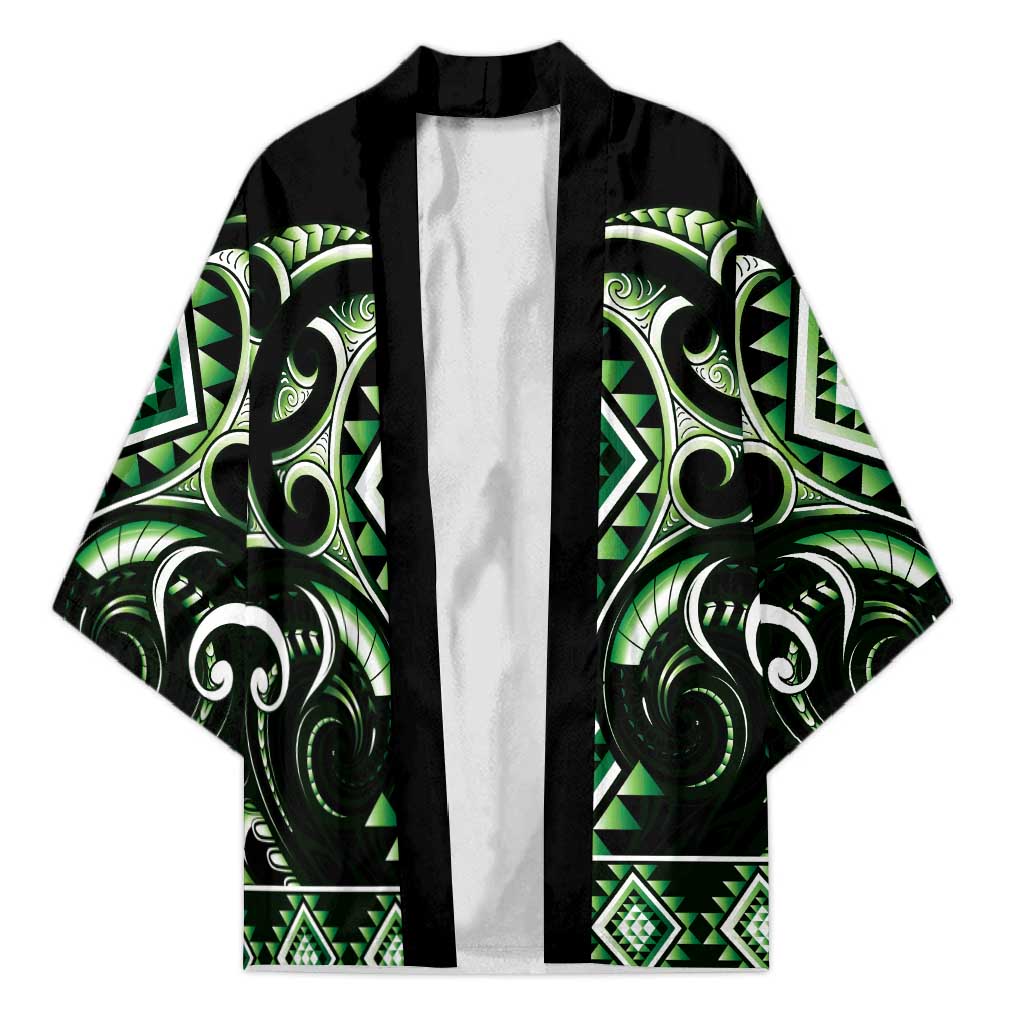 Green Ngaru Taniko With Aotearoa Maori Tattoo Kimono - Polynesian Pride
