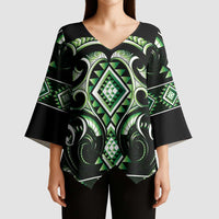 Green Ngaru Taniko With Aotearoa Maori Tattoo Kimono Sleeve Blouse - Polynesian Pride
