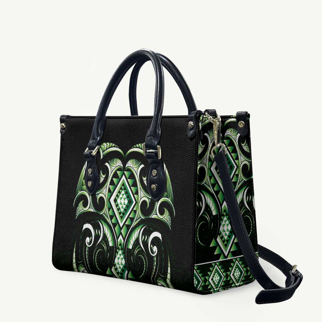 Green Ngaru Taniko With Aotearoa Maori Tattoo Leather Bag - Polynesian Pride