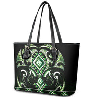 Green Ngaru Taniko With Aotearoa Maori Tattoo Leather Tote Bag