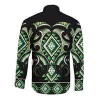 Green Ngaru Taniko With Aotearoa Maori Tattoo Long Sleeve Button Shirt LT14 - Polynesian Pride