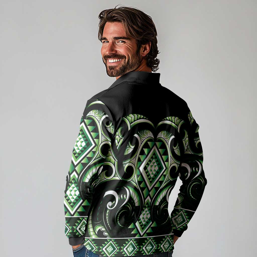 Green Ngaru Taniko With Aotearoa Maori Tattoo Long Sleeve Polo Shirt