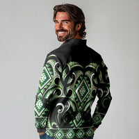 Green Ngaru Taniko With Aotearoa Maori Tattoo Long Sleeve Polo Shirt