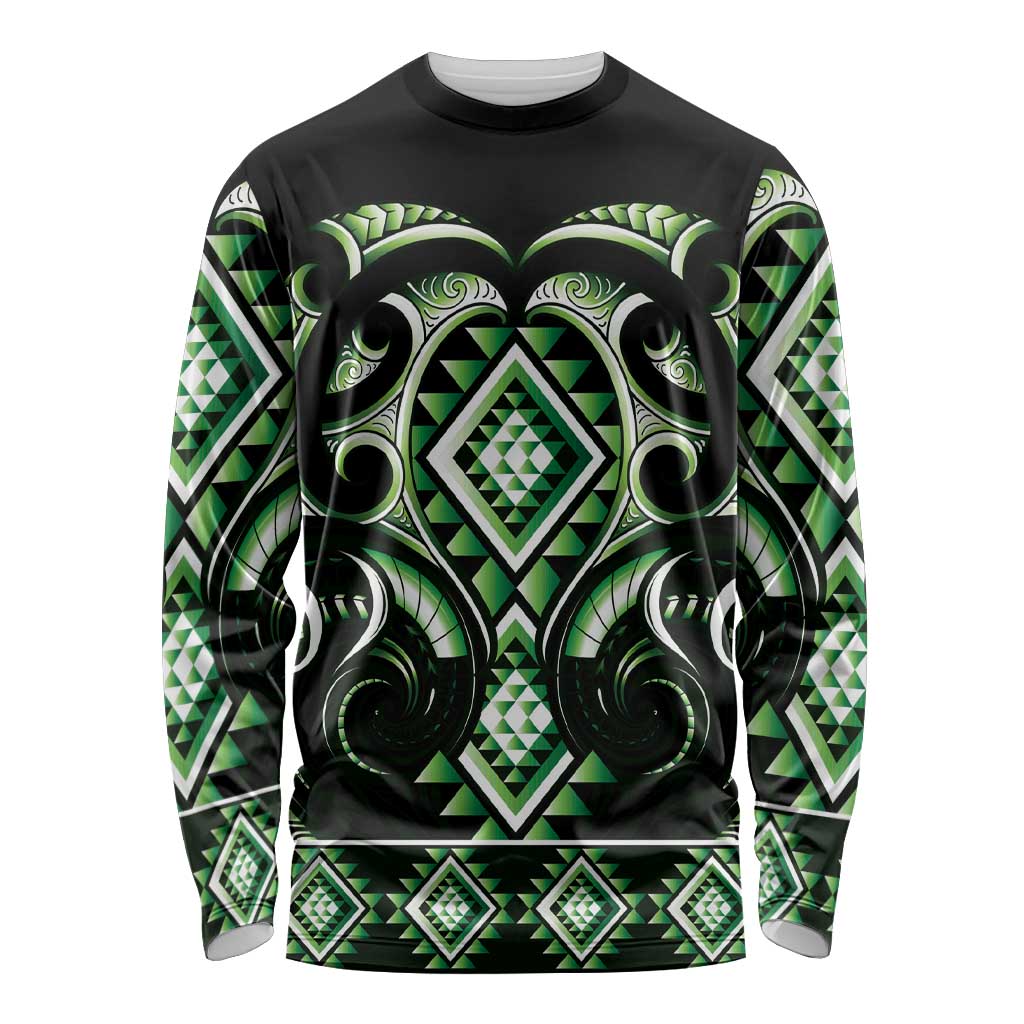 Green Ngaru Taniko With Aotearoa Maori Tattoo Long Sleeve Shirt LT14 Unisex Green - Polynesian Pride