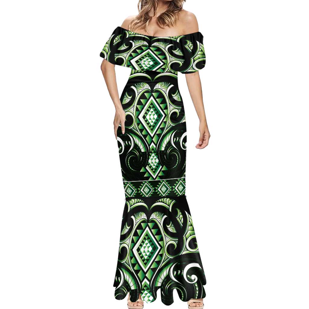 Green Ngaru Taniko With Aotearoa Maori Tattoo Mermaid Dress