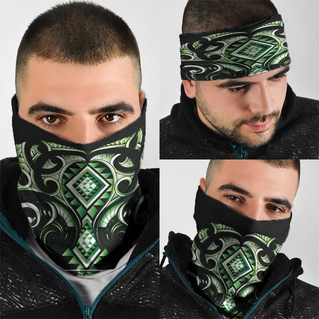Green Ngaru Taniko With Aotearoa Maori Tattoo Neck Gaiter - Polynesian Pride
