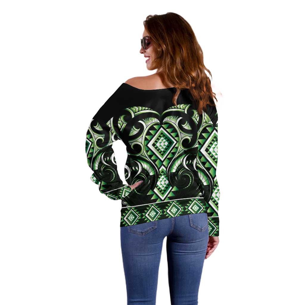 Green Ngaru Taniko With Aotearoa Maori Tattoo Off Shoulder Sweater