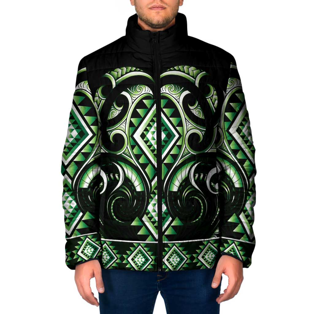 Green Ngaru Taniko With Aotearoa Maori Tattoo Padded Jacket - Polynesian Pride