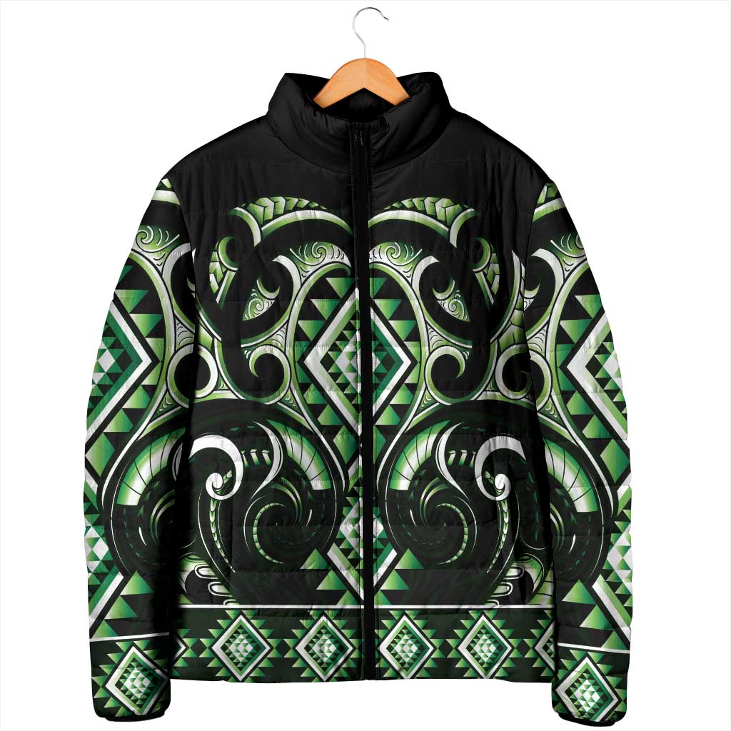 Green Ngaru Taniko With Aotearoa Maori Tattoo Padded Jacket - Polynesian Pride