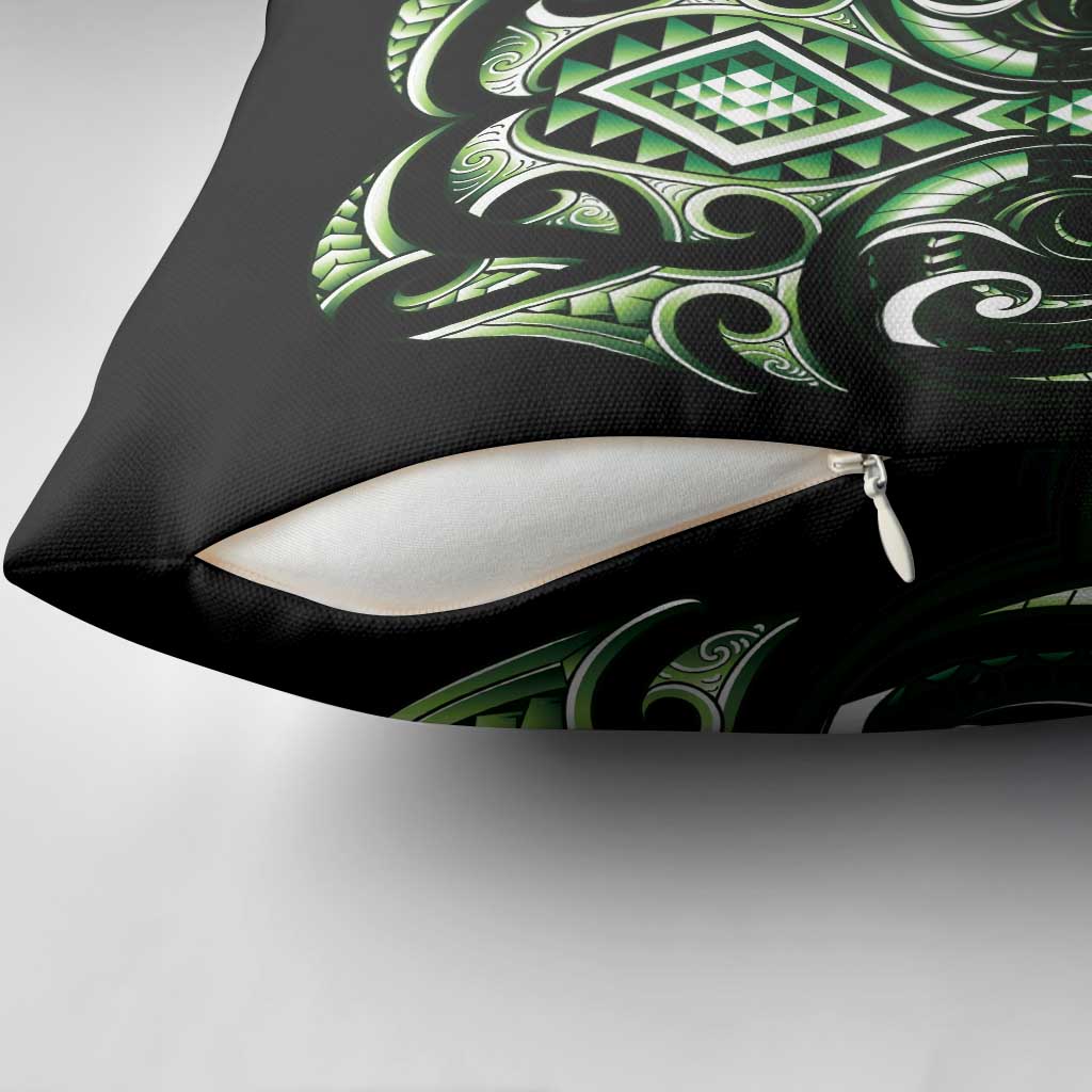 Green Ngaru Taniko With Aotearoa Maori Tattoo Pillow Cover - Polynesian Pride