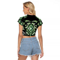 Green Ngaru Taniko With Aotearoa Maori Tattoo Raglan Cropped T Shirt LT14 - Polynesian Pride
