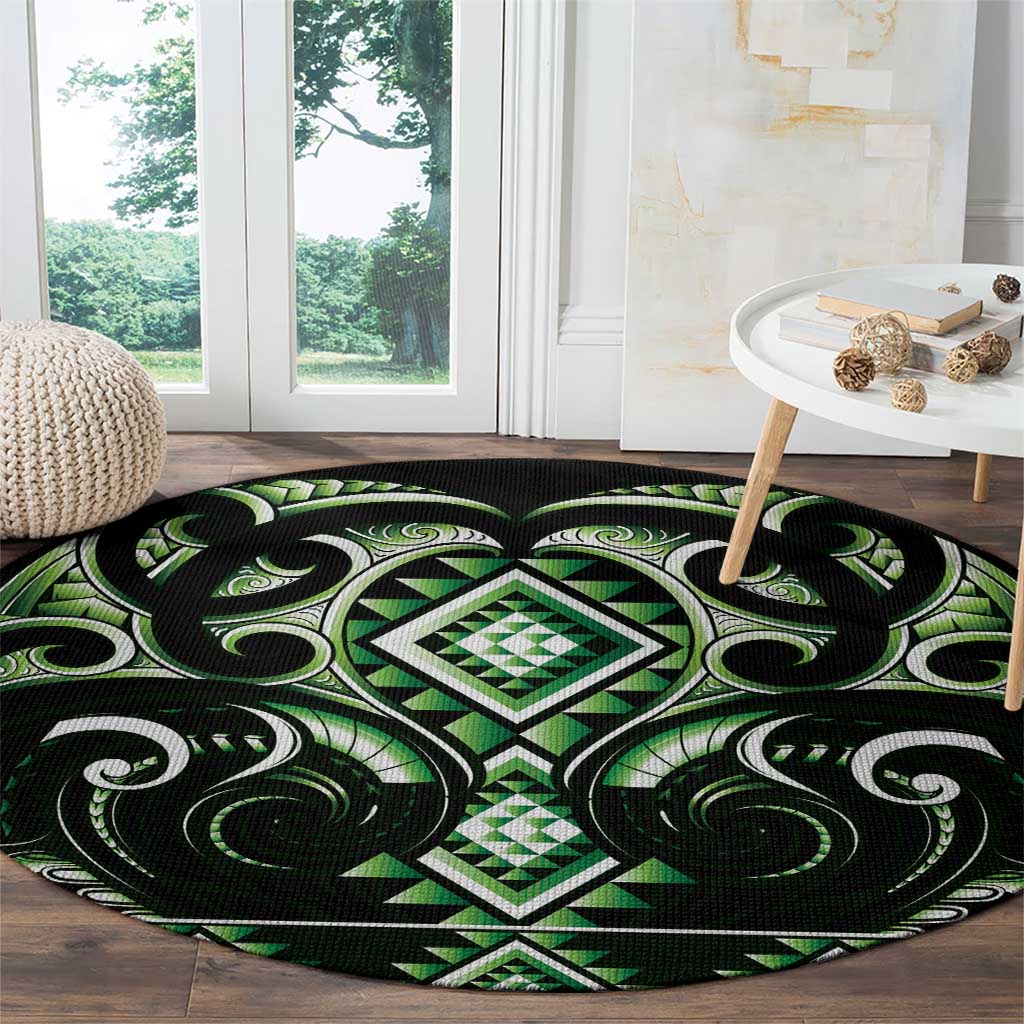 Green Ngaru Taniko With Aotearoa Maori Tattoo Round Carpet