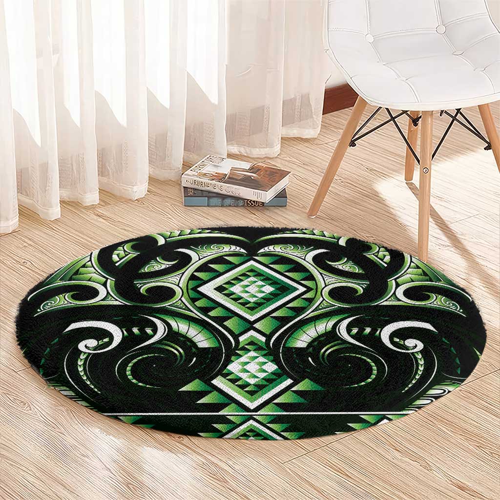 Green Ngaru Taniko With Aotearoa Maori Tattoo Round Carpet