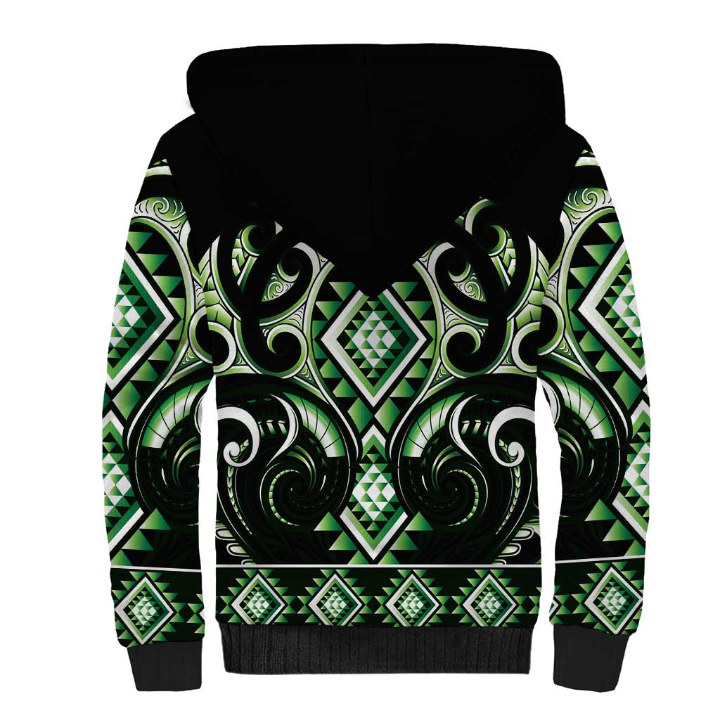 Green Ngaru Taniko With Aotearoa Maori Tattoo Sherpa Hoodie LT14 - Polynesian Pride
