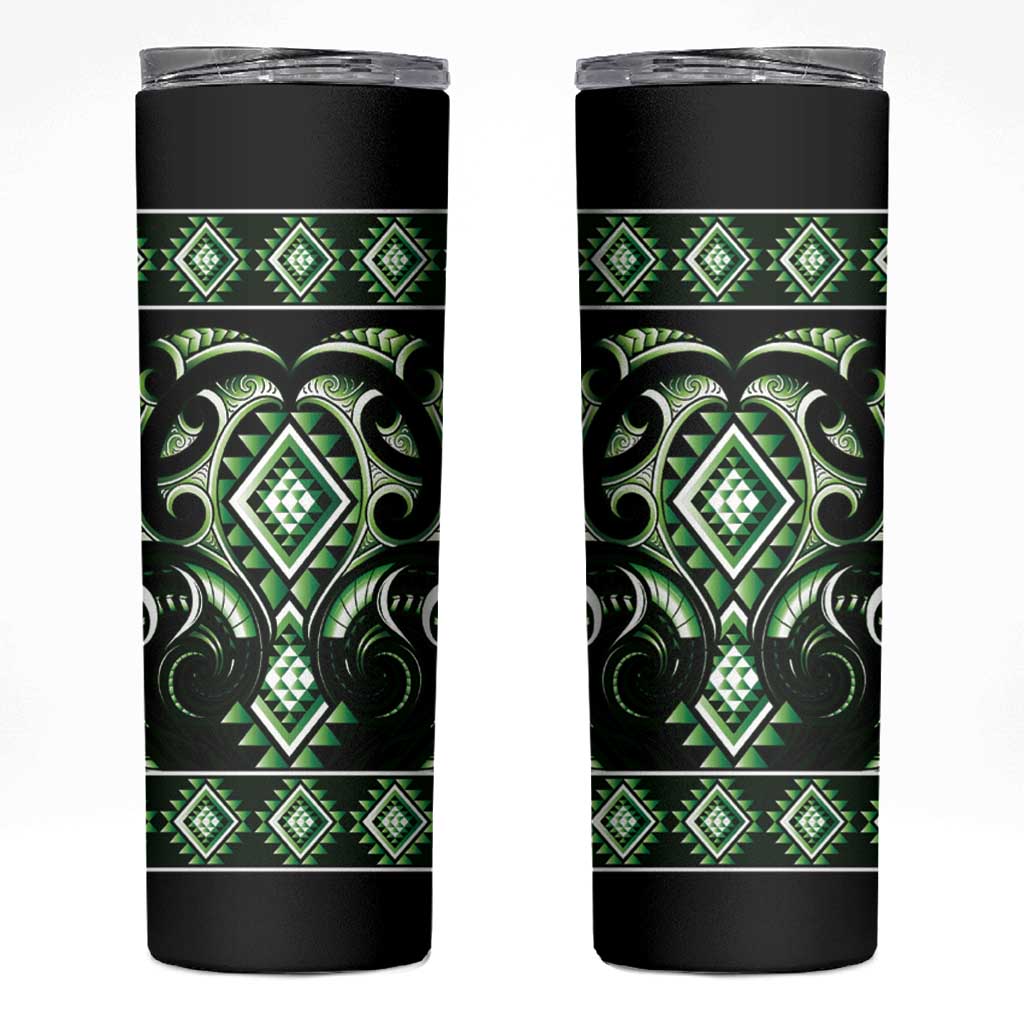 Green Ngaru Taniko With Aotearoa Maori Tattoo Skinny Tumbler