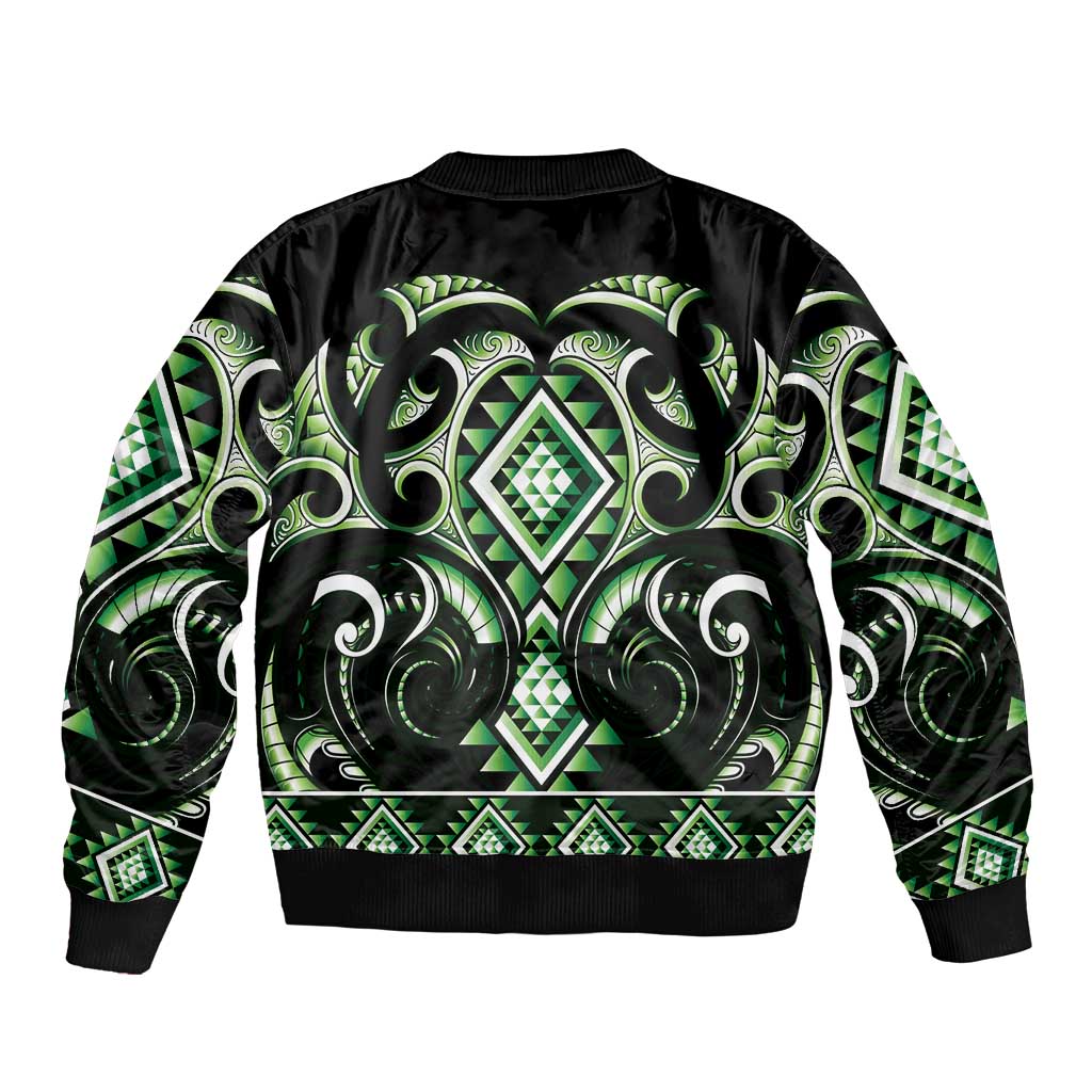 Green Ngaru Taniko With Aotearoa Maori Tattoo Sleeve Zip Bomber Jacket