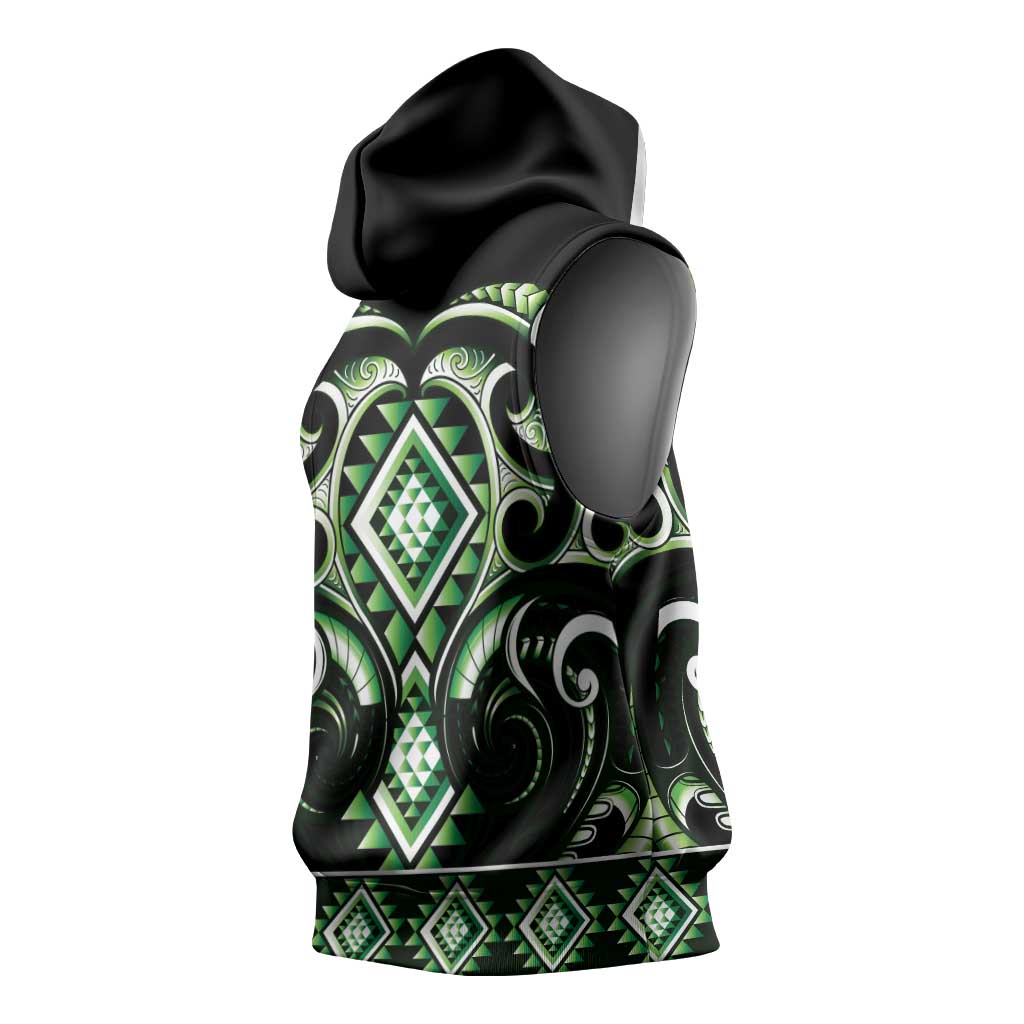 Green Ngaru Taniko With Aotearoa Maori Tattoo Sleeveless Hoodie - Polynesian Pride