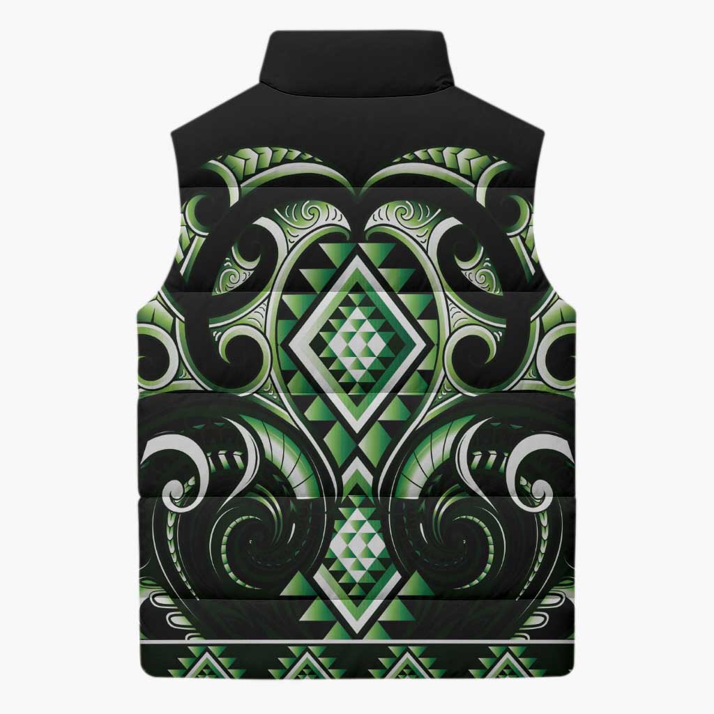 Green Ngaru Taniko With Aotearoa Maori Tattoo Sleeveless Puffer Jacket - Polynesian Pride
