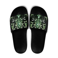Green Ngaru Taniko With Aotearoa Maori Tattoo Slide Sandals - Polynesian Pride