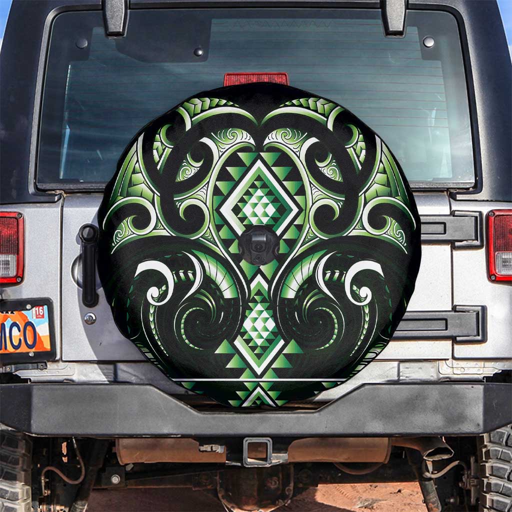 Green Ngaru Taniko With Aotearoa Maori Tattoo Spare Tire Cover