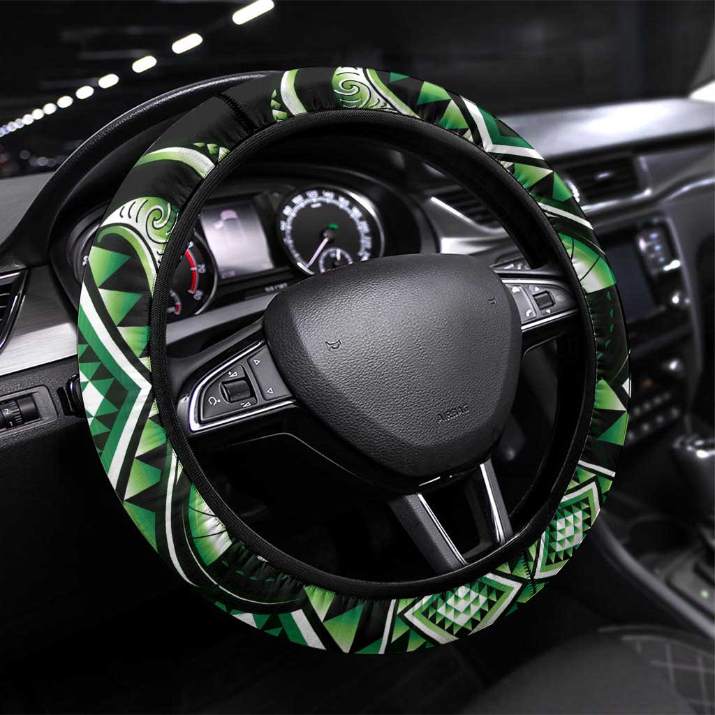 Green Ngaru Taniko With Aotearoa Maori Tattoo Steering Wheel Cover LT14 Universal Fit Green - Polynesian Pride