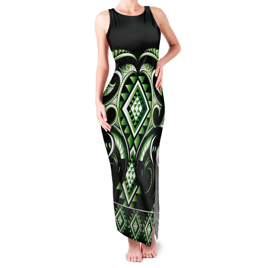 Green Ngaru Taniko With Aotearoa Maori Tattoo Tank Maxi Dress