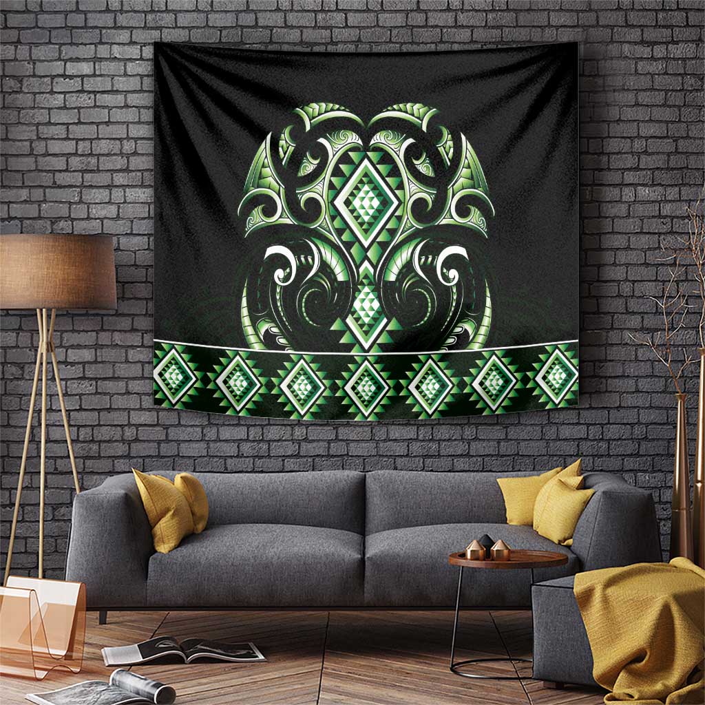 Green Ngaru Taniko With Aotearoa Maori Tattoo Tapestry