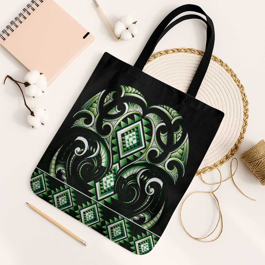 Green Ngaru Taniko With Aotearoa Maori Tattoo Tote Bag - Polynesian Pride