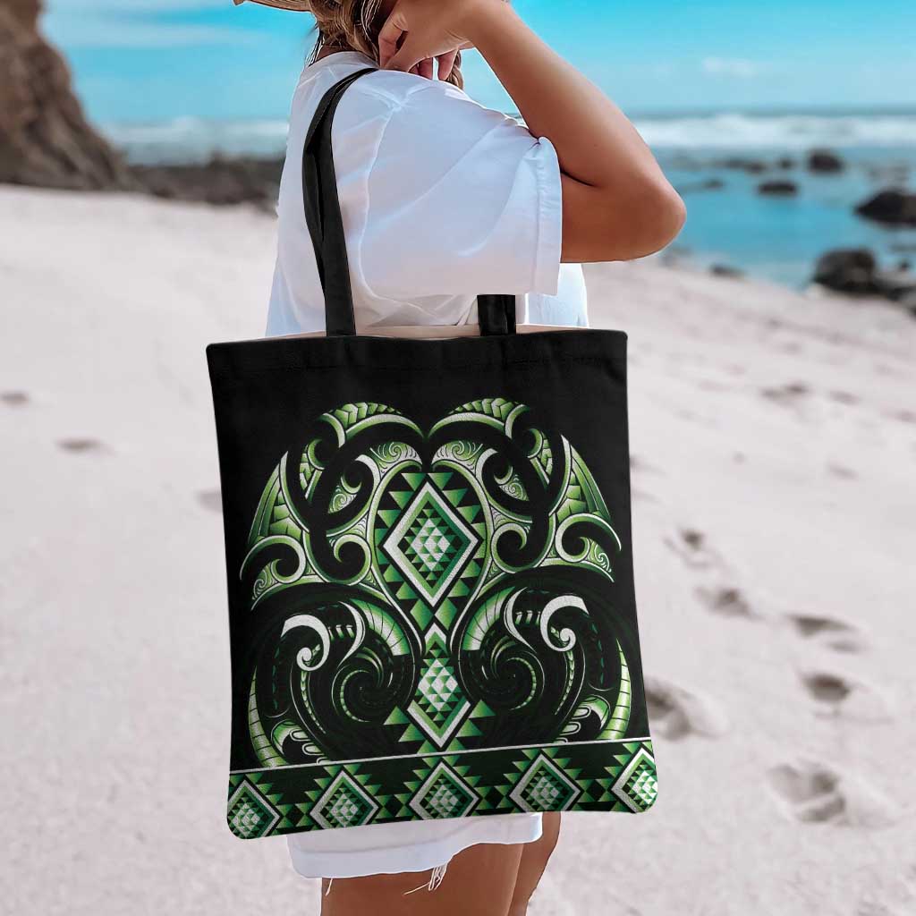 Green Ngaru Taniko With Aotearoa Maori Tattoo Tote Bag - Polynesian Pride