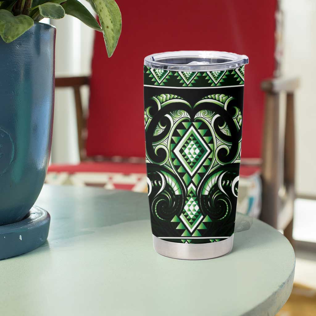 Green Ngaru Taniko With Aotearoa Maori Tattoo Tumbler Cup LT14 - Polynesian Pride