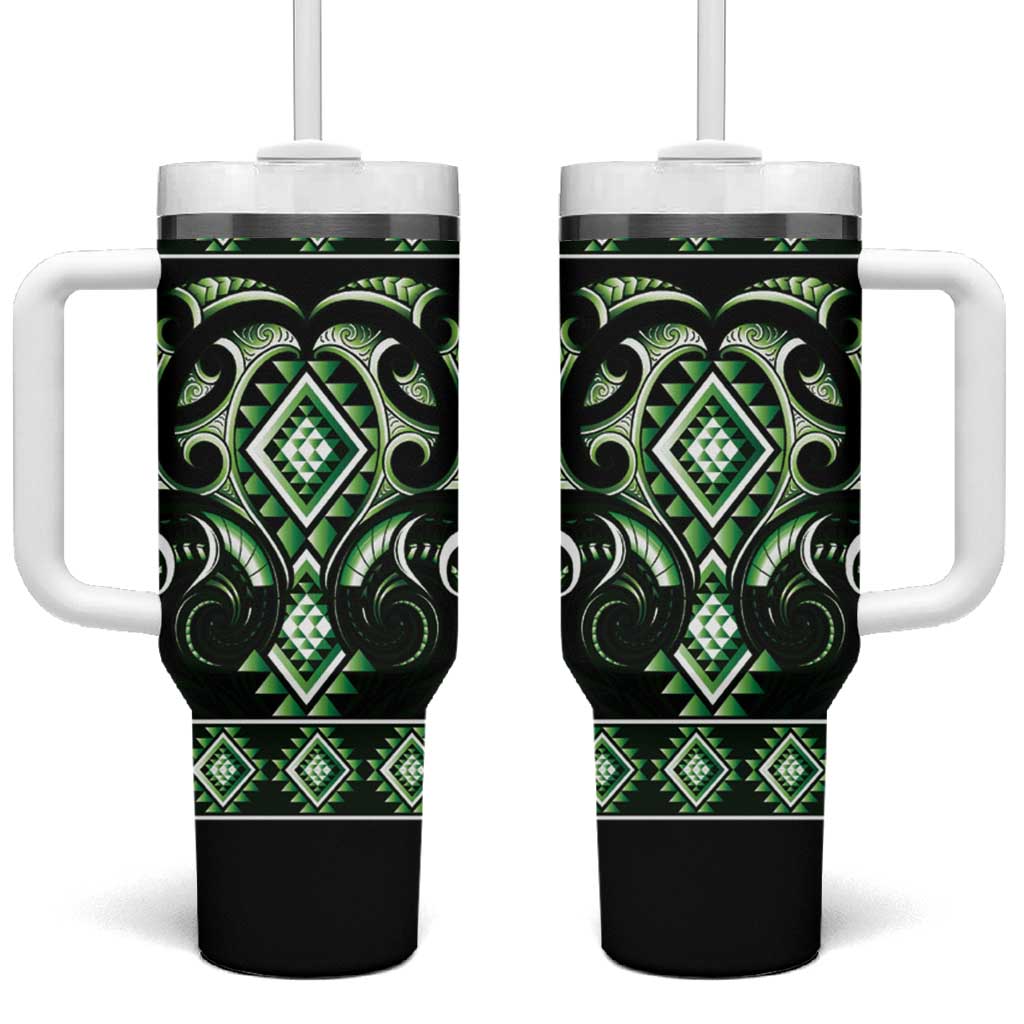 Green Ngaru Taniko With Aotearoa Maori Tattoo Tumbler With Handle LT14 One Size: 40 oz Green - Polynesian Pride
