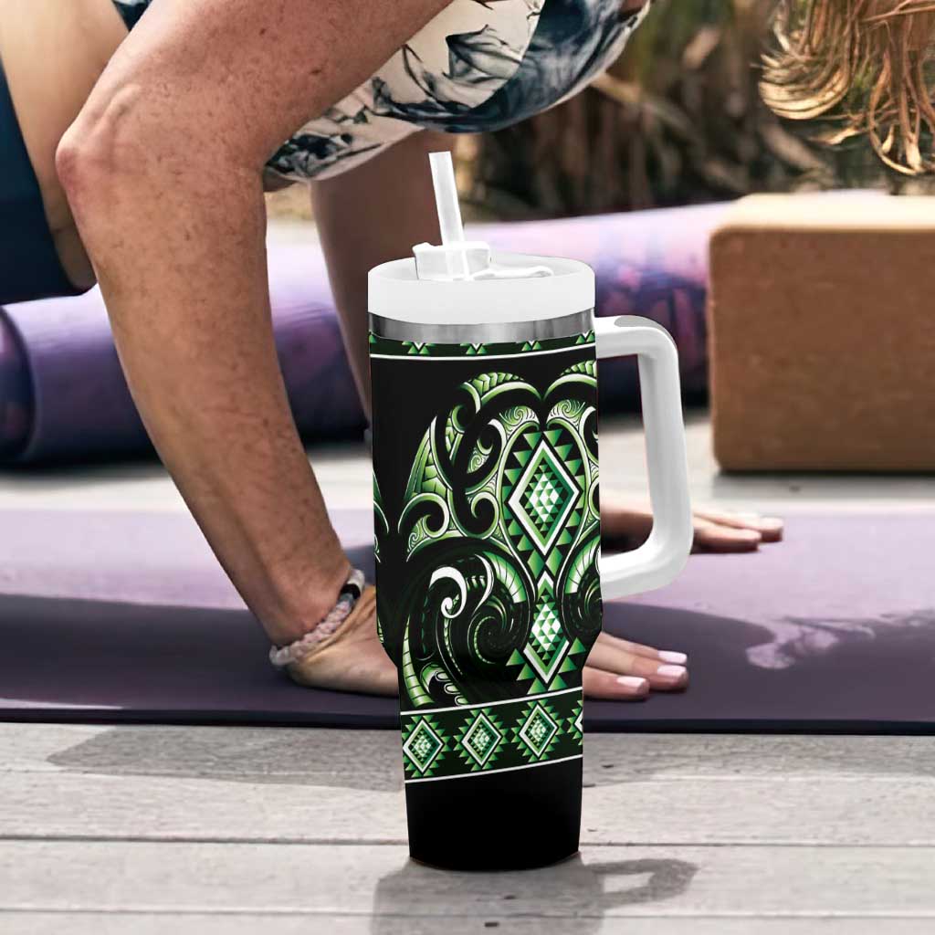 Green Ngaru Taniko With Aotearoa Maori Tattoo Tumbler With Handle LT14 - Polynesian Pride