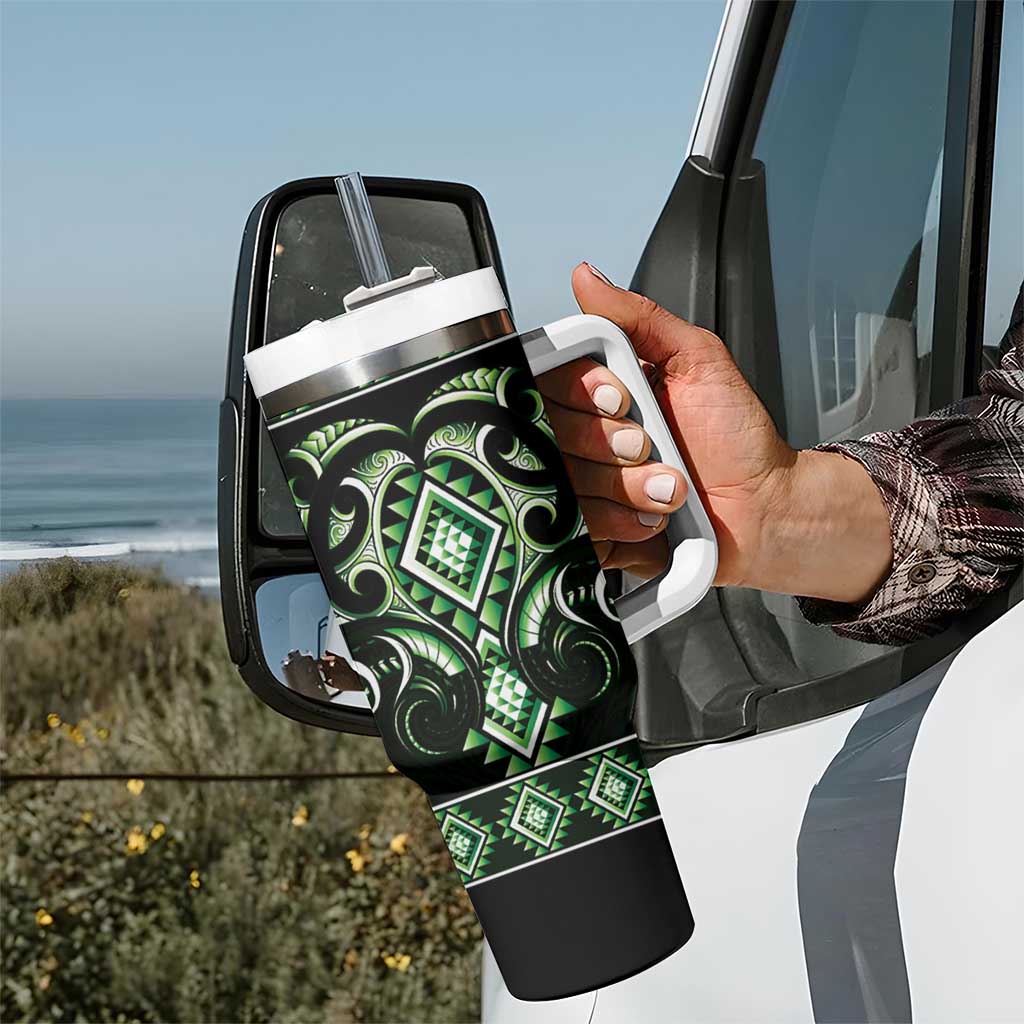 Green Ngaru Taniko With Aotearoa Maori Tattoo Tumbler With Handle LT14 - Polynesian Pride