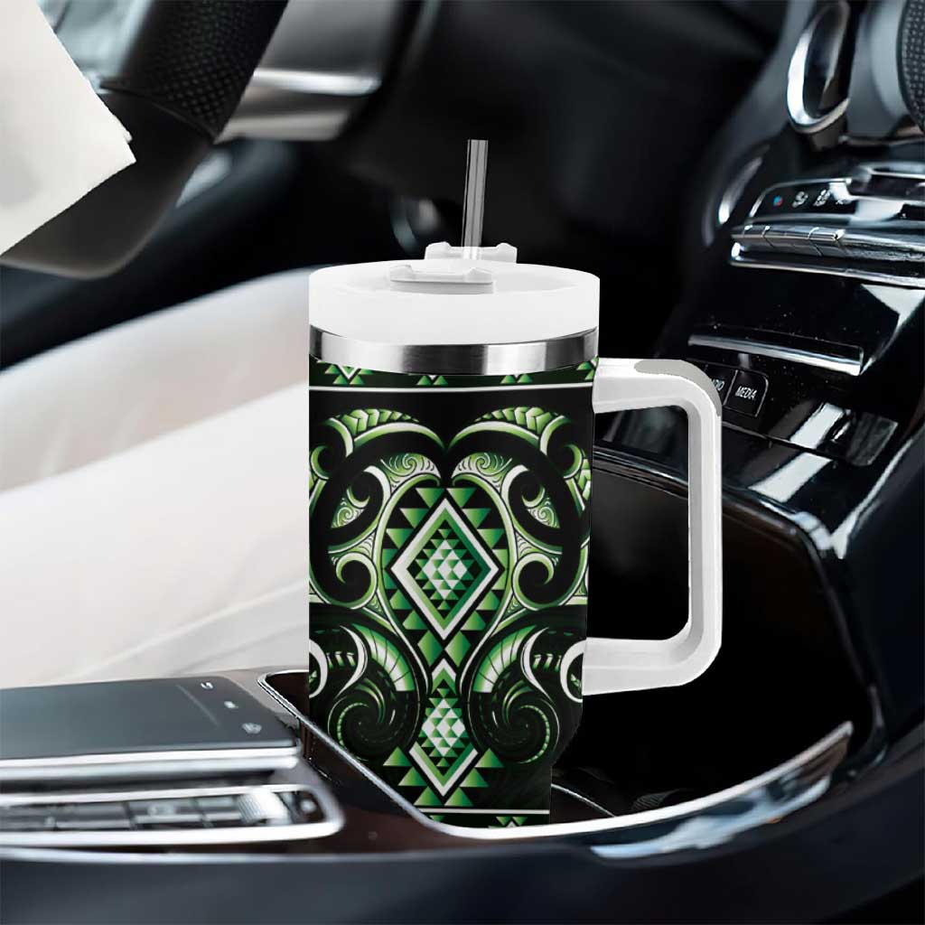 Green Ngaru Taniko With Aotearoa Maori Tattoo Tumbler With Handle LT14 - Polynesian Pride